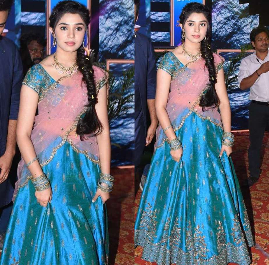 krithi shetty in blue lehenga at uppena blockbuster celebrations