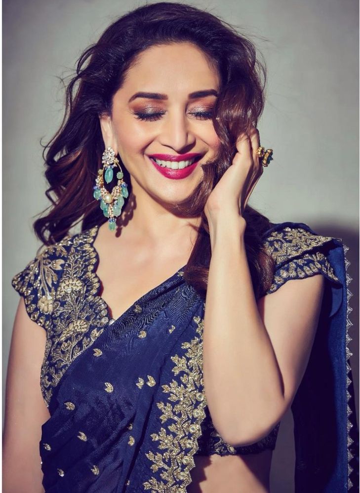 madhuri dixit in a blue arpita mehta saree