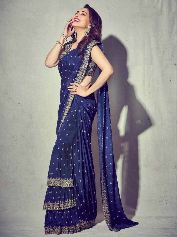 madhuri dixit in a blue sequin arpita mehta saree