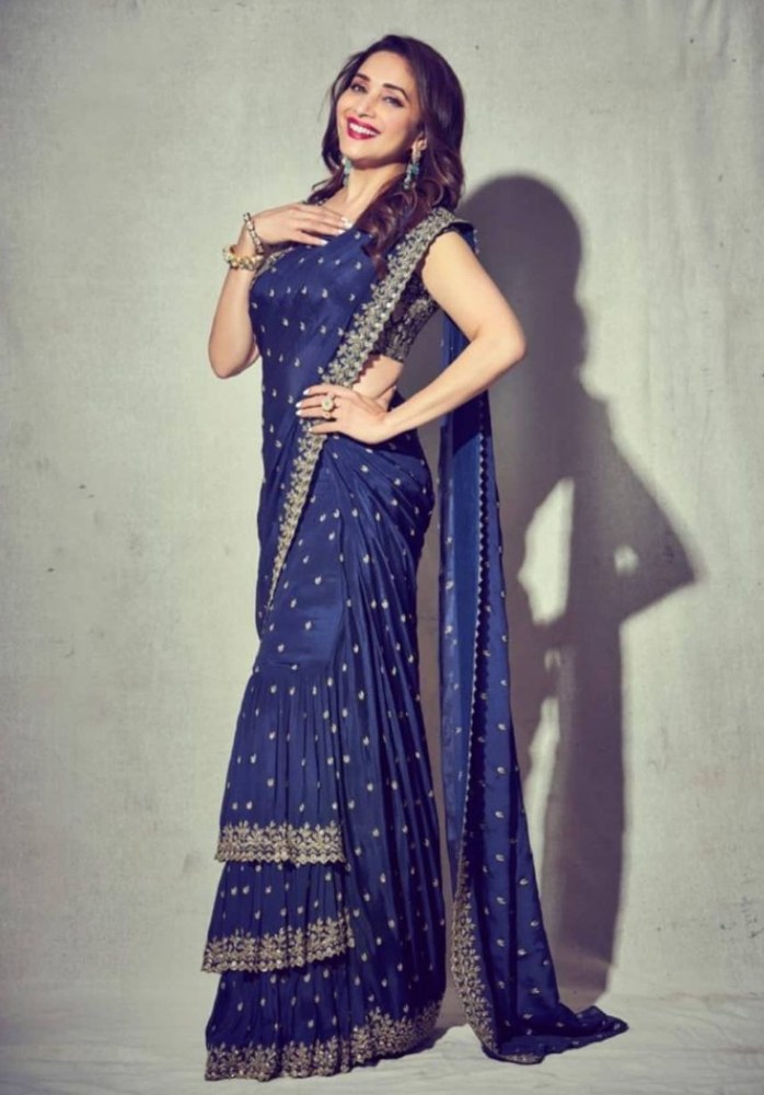 madhuri dixit in blue saree with gold embroidery