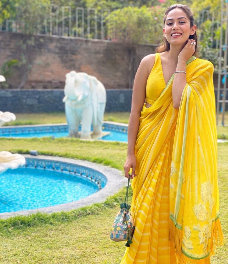 mira rajput in a yellow saree for friend's wedding