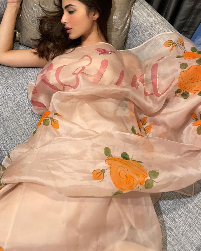 mouni roy in custom picchika saree with her name