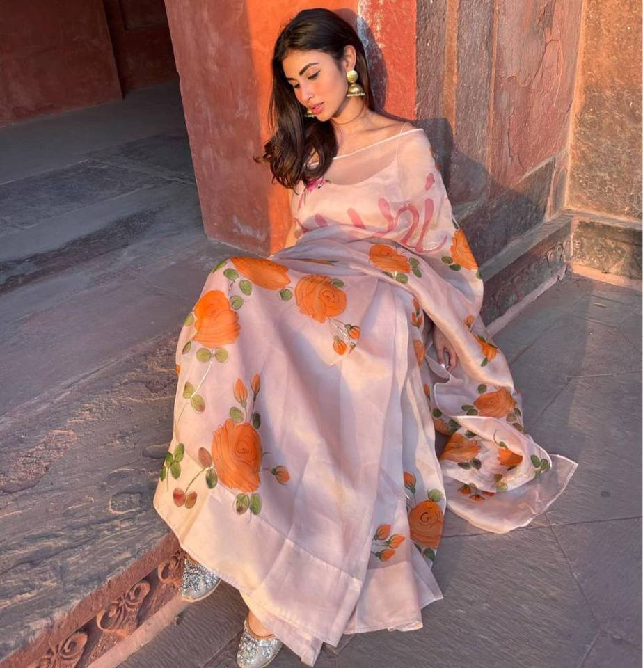 mouni roy in taj mahal in floral silk saree