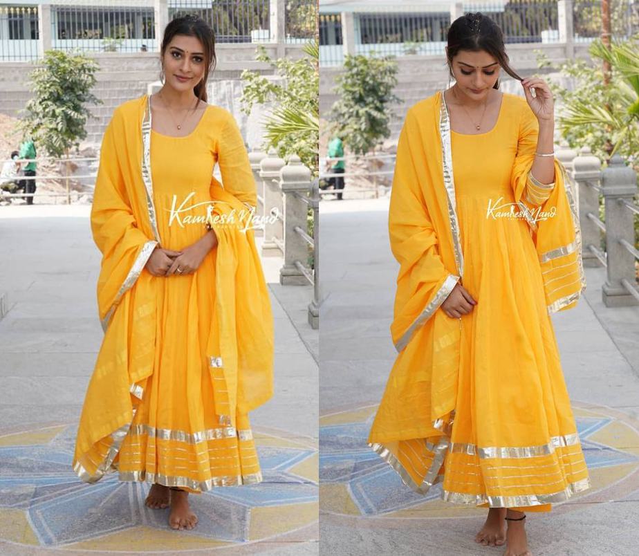 payal rajput in a yellow long anarkali to visit temple in hyderabad