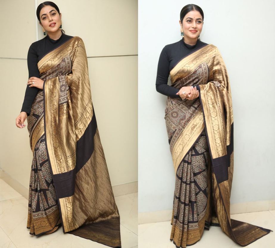 poorna in a black and gold silk saree at sundari trailer launch