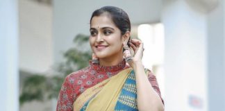 ramya nambessan in yellow cotton saree with red blouse