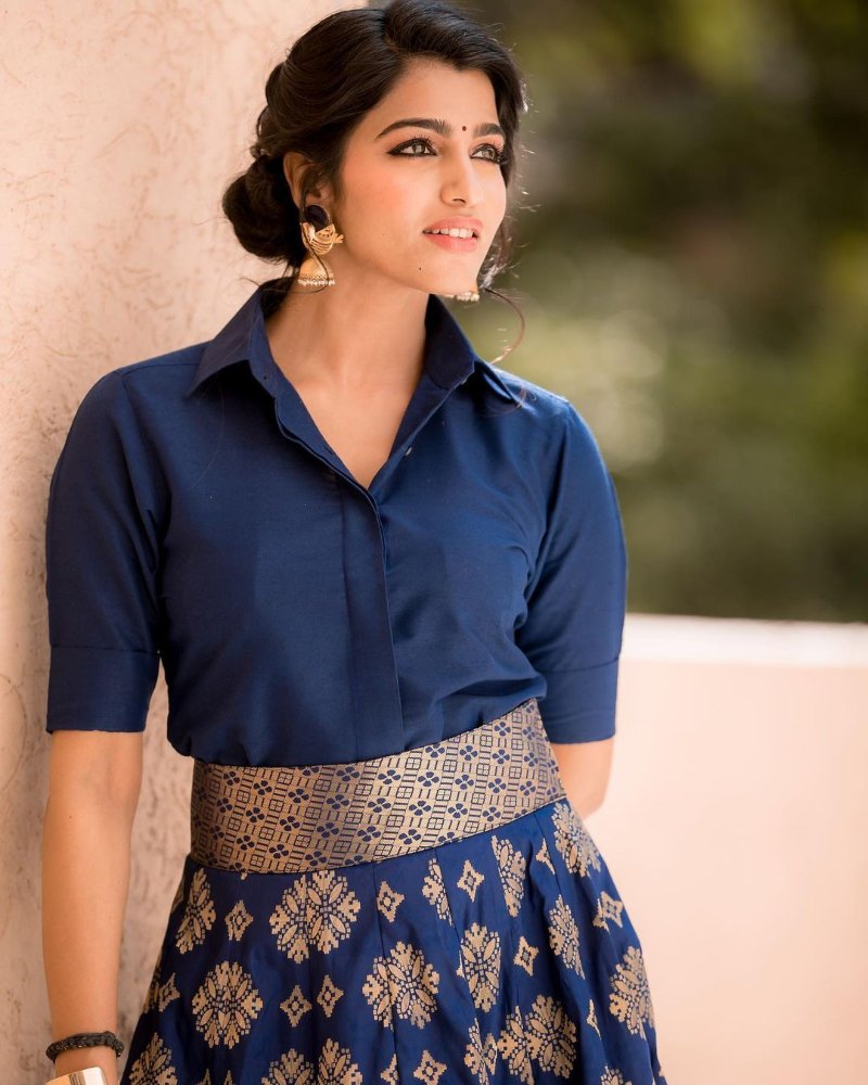 sai dhansika in a blue long skirt and shirt look