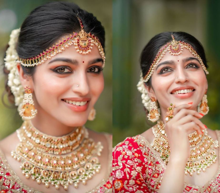 sai dhansika in a chilli hot red bridal lehenga for varaa cover shoot