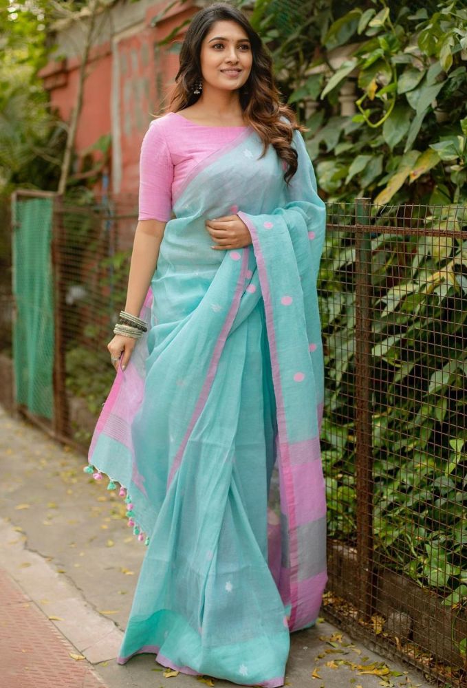 Sky Blue Zari Woven Work Cotton Saree