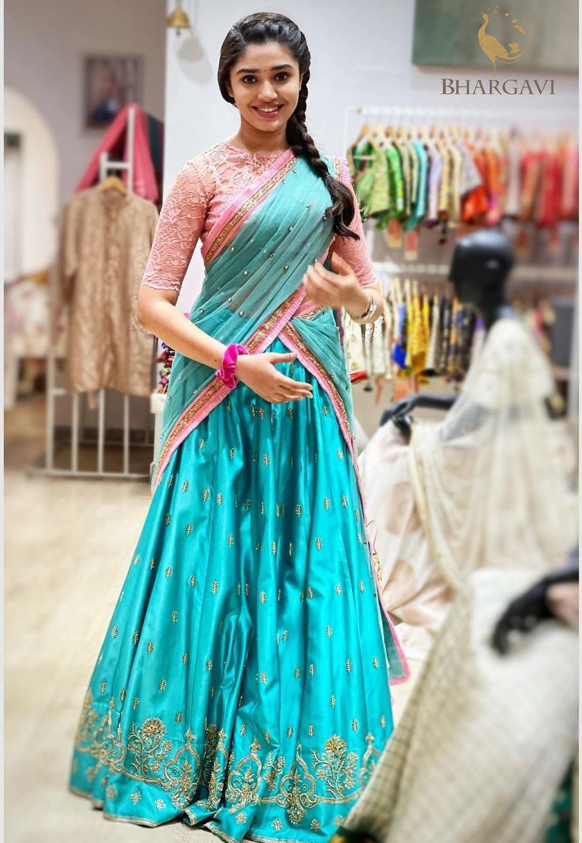 krithi shetty in blue pink half saree by bhargavi kunam