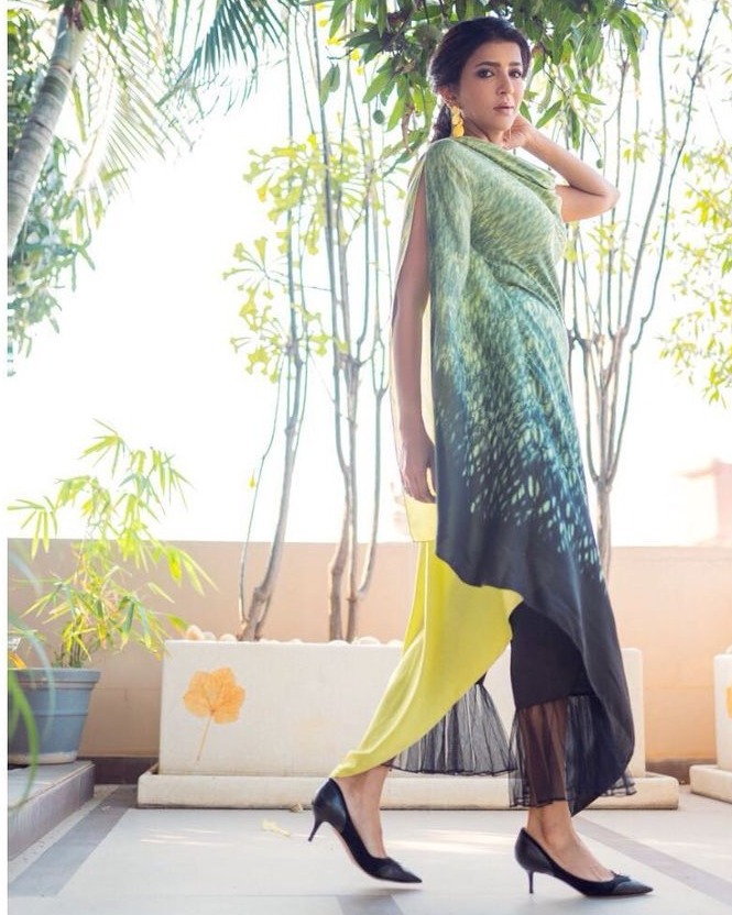 lakshmi manchu in green yellow cowl top and ruffle pants