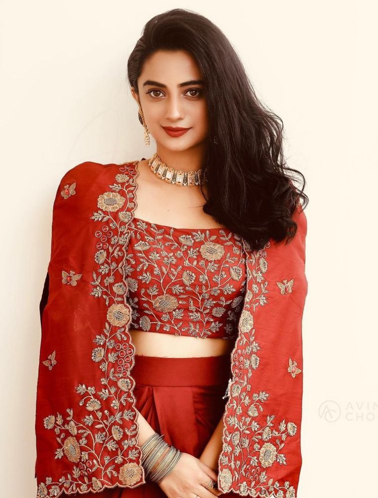 namitha pramod in red fusion wear jacket skirt