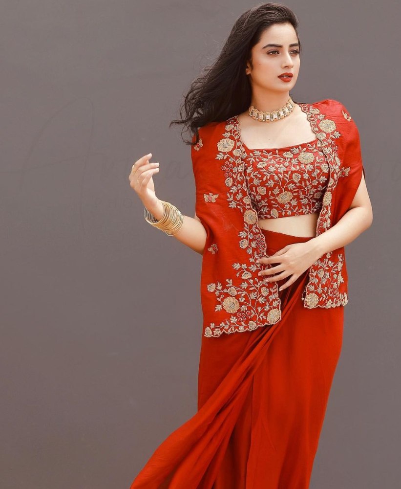 namitha pramod in red jacket and skirt outfit