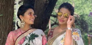 sreeja kalyan and sushmita konidela in matching floral sarees