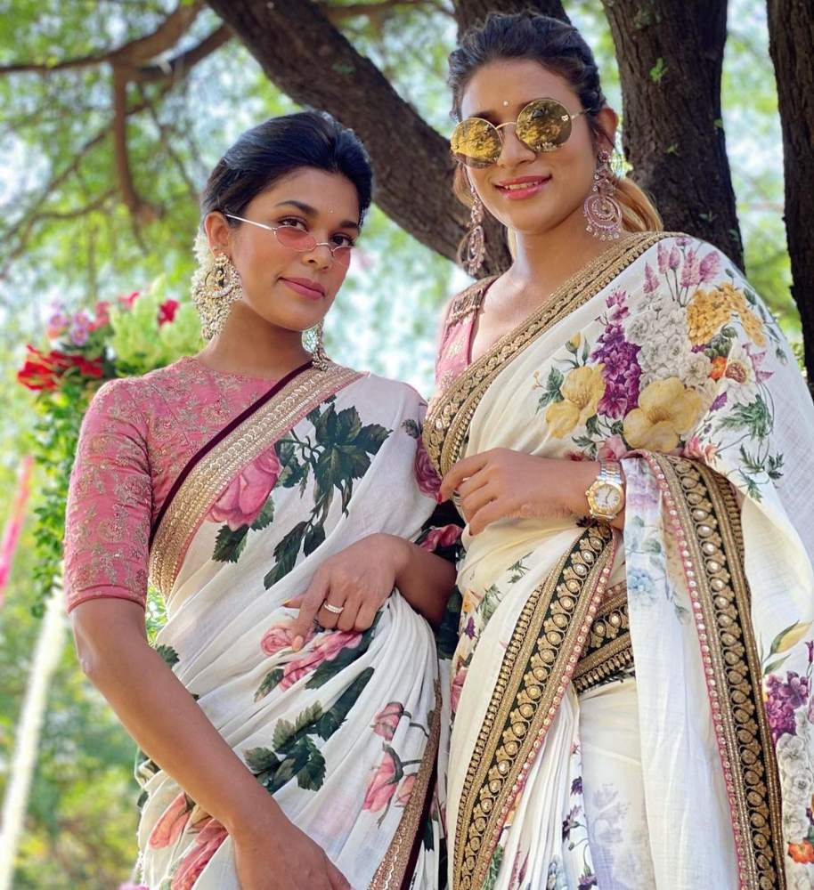 sreeja kalyan and sushmita konidela in sabyasachi sarees