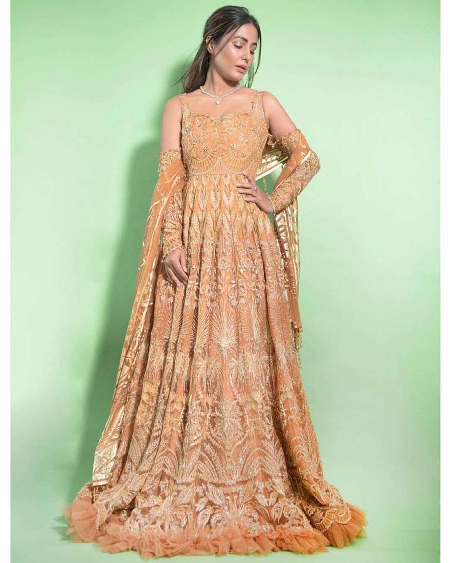 Hina Khan looks dreamy in a tangerine anarkali gown by Reign!