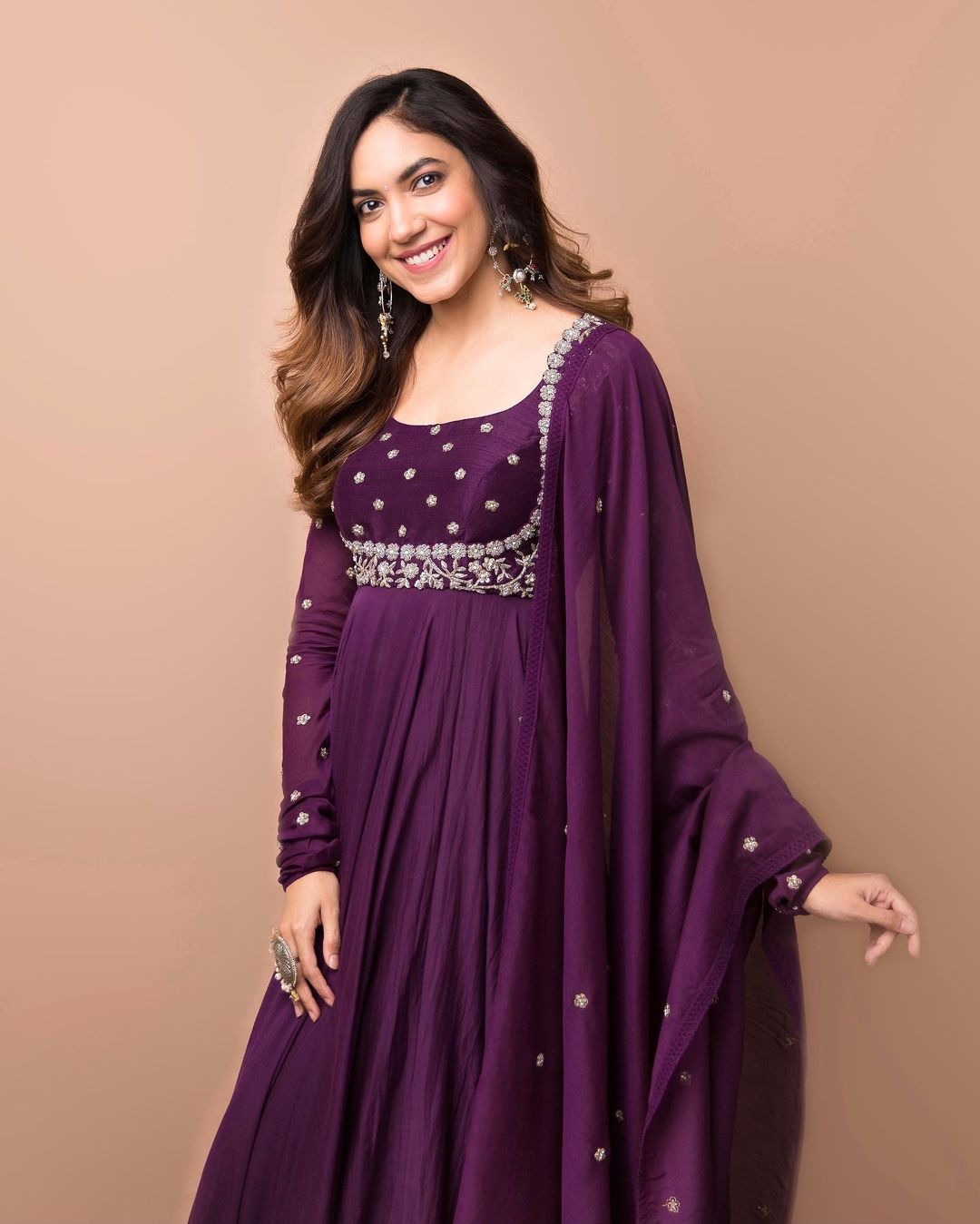 Soft Net Fabric Resham Work Purple Anarkali