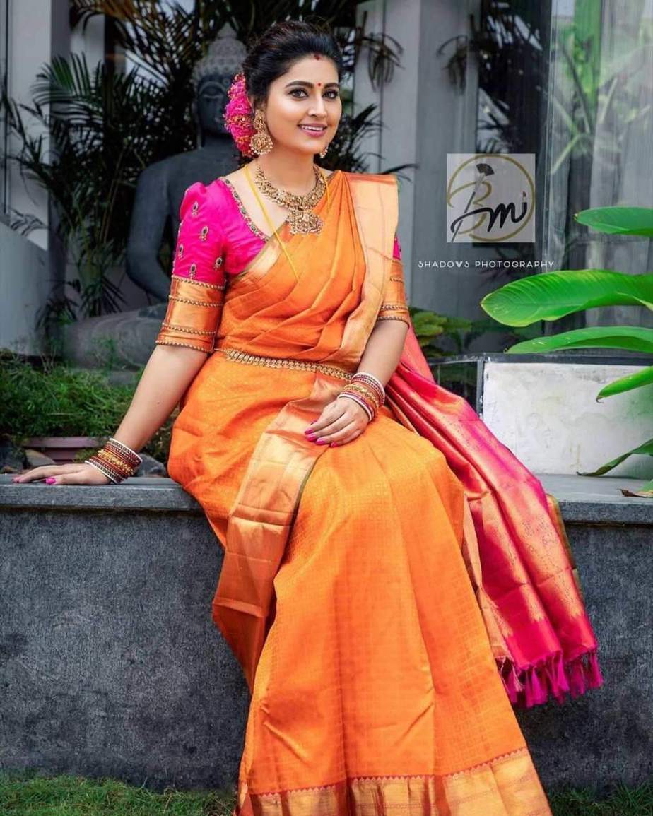 Hot Pink and Orange Saree | Orange saree, Party wear sarees online, Party  wear sarees