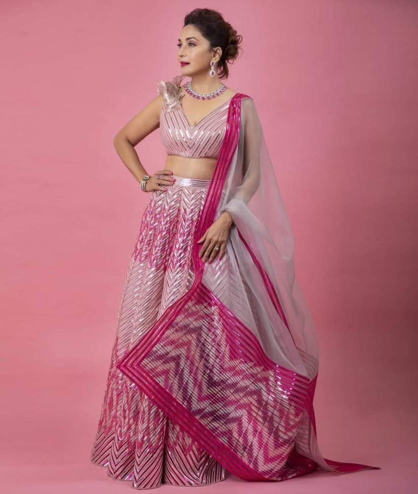 Dancing diva Madhuri Dixit Nene looked pretty in pink lehenga from the label Amit Aggarwal!