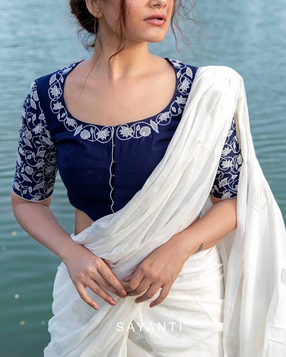 Blue blouse with white thread embroidery Sayanti Ghosh Hand-embroidered blouses