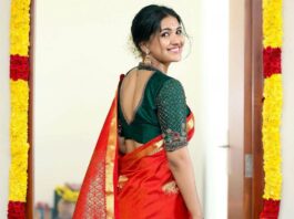 Vani Bhojan in red saree by studio 149 for her house warming ceremony-3