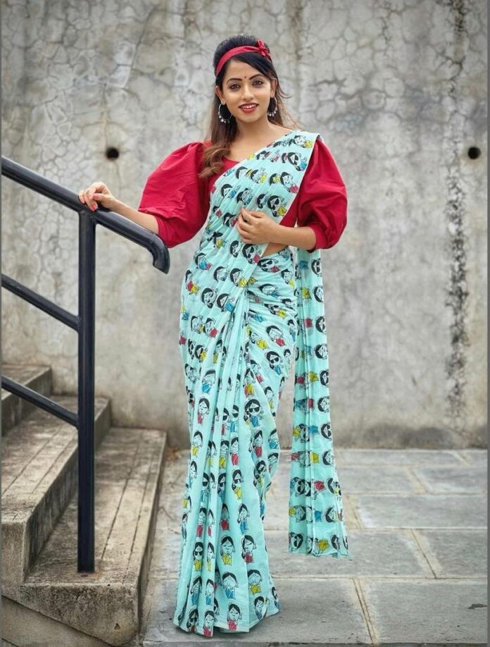 light blue saree with red blouse