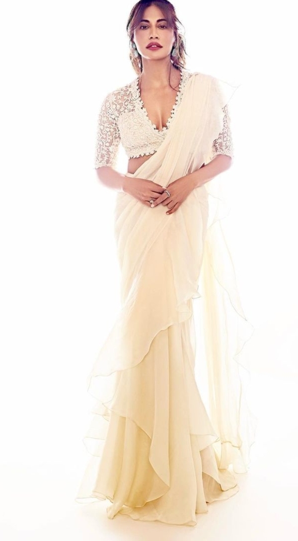 White Faux Georgette Embroidered Ruffled Saree with Blosue Piece - JATRIQQ  - 3743824