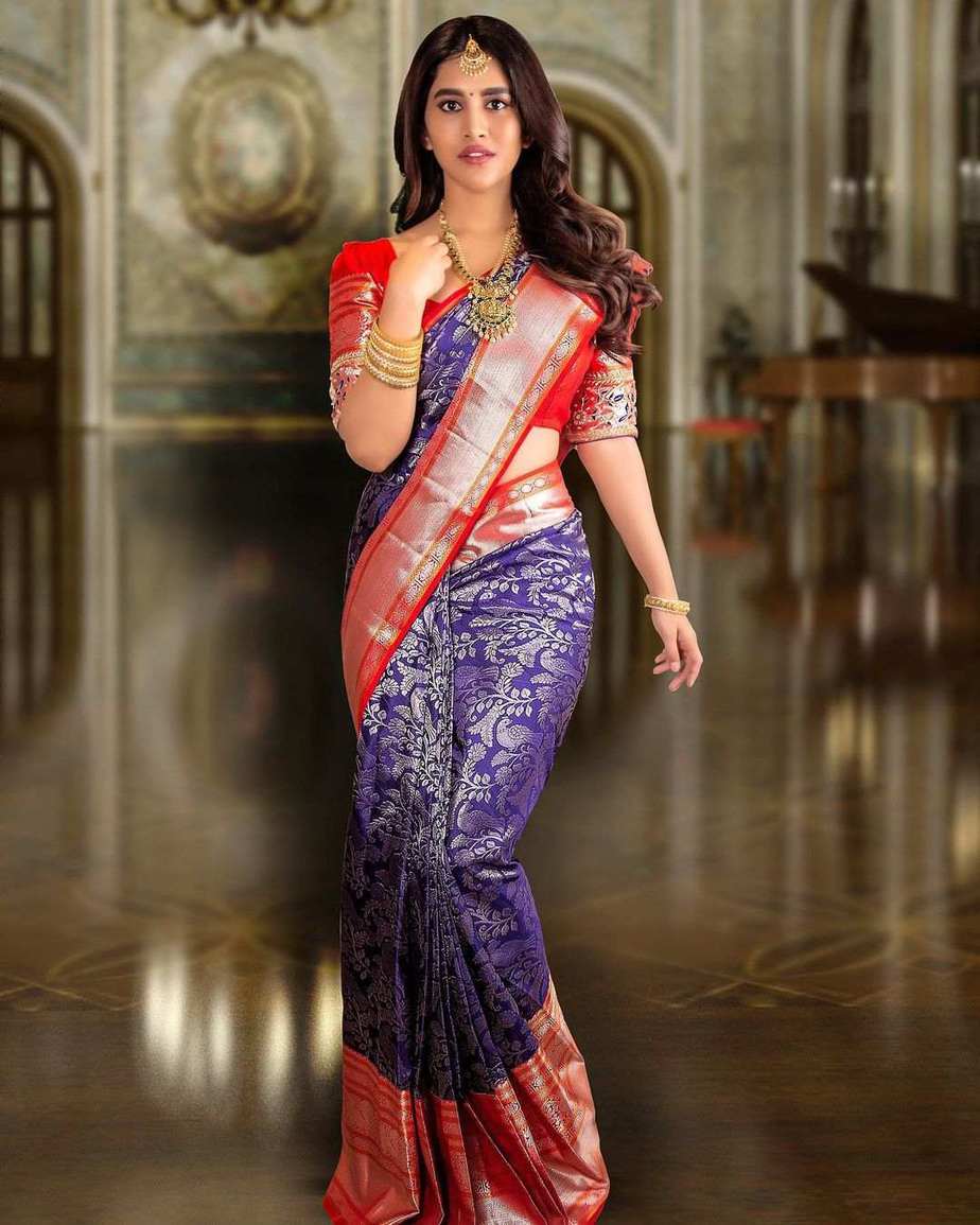 Buy Royal blue Barfi silk saree Indian wedding saree double blouse in UK,  USA and Canada