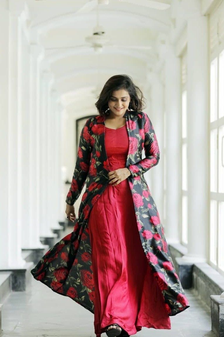 Ramya Nambessan in a red dress and jacket by Yoshnas-3
