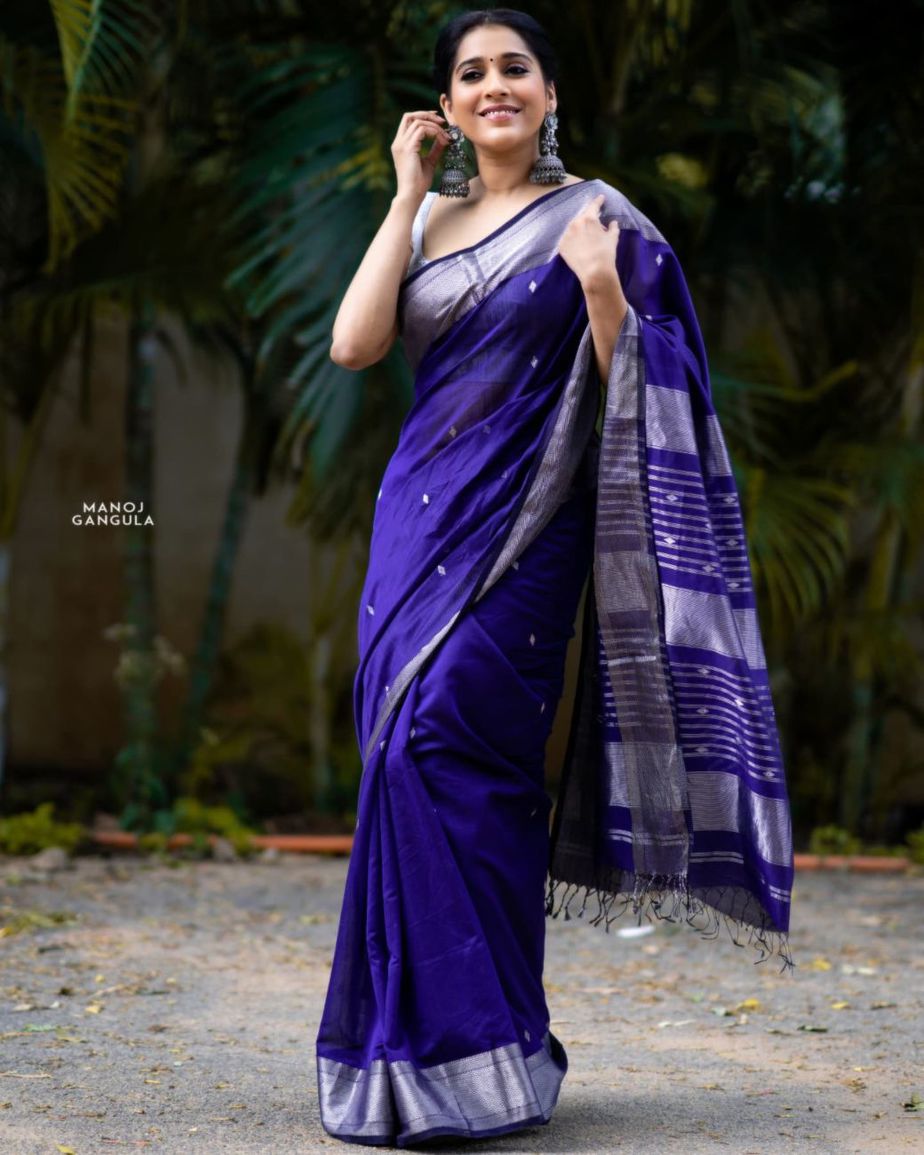 Yellow Soft Brasso Silk Saree with Cyan Blue Blouse - RawaazFashion