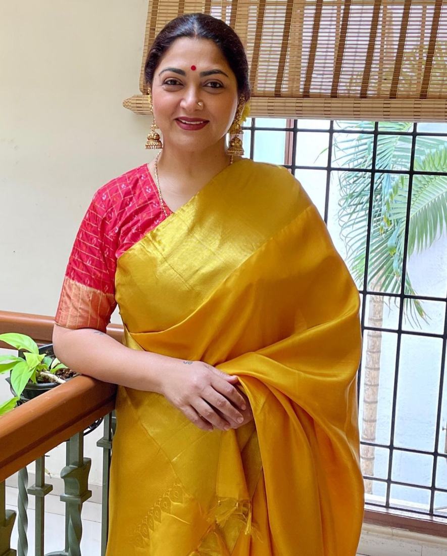 Kushboo Sundar looks festive ready in a yellow pattu saree for Ganesh Puja!