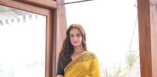 Dia Mirza in a mustard saree by archana jaju for womens of change award