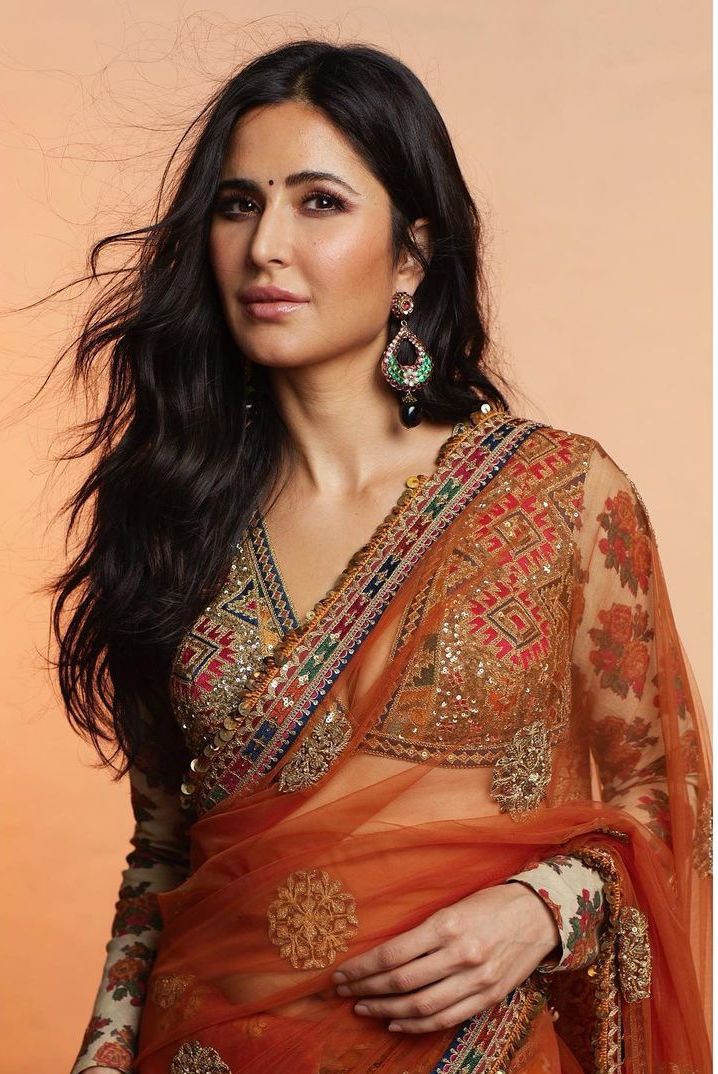 Katrina Kaif promotes "Sooryavanshi" in an orange Sabyasachi saree