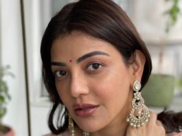 Kajal Aggarwal in a rose gold picchika saree for diwali