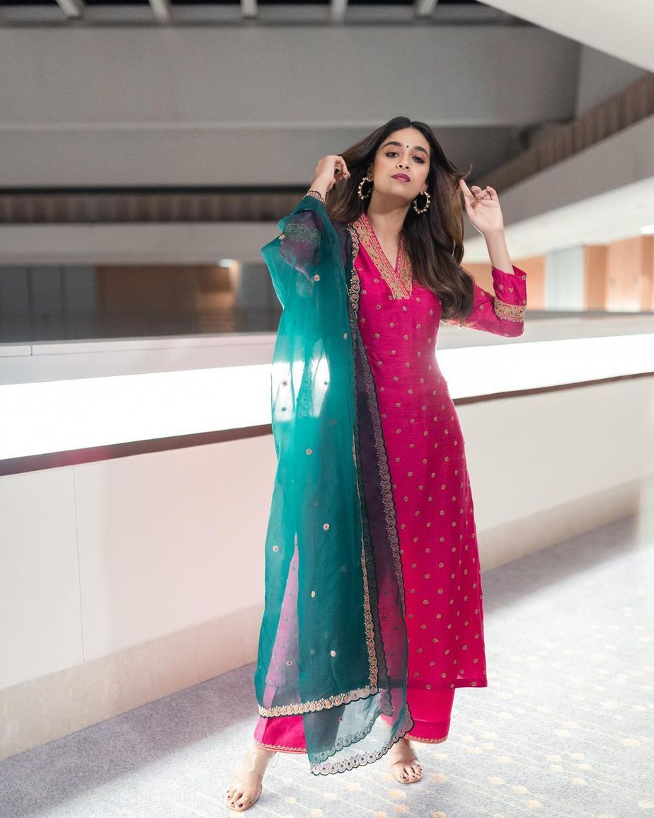 Keerthy Suresh in a pink kurta set by Misri for ggod luck sakhi promotions-1
