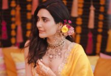 Karishma Tanna in yellow lehenga by Punit Balana for her mehendi-2