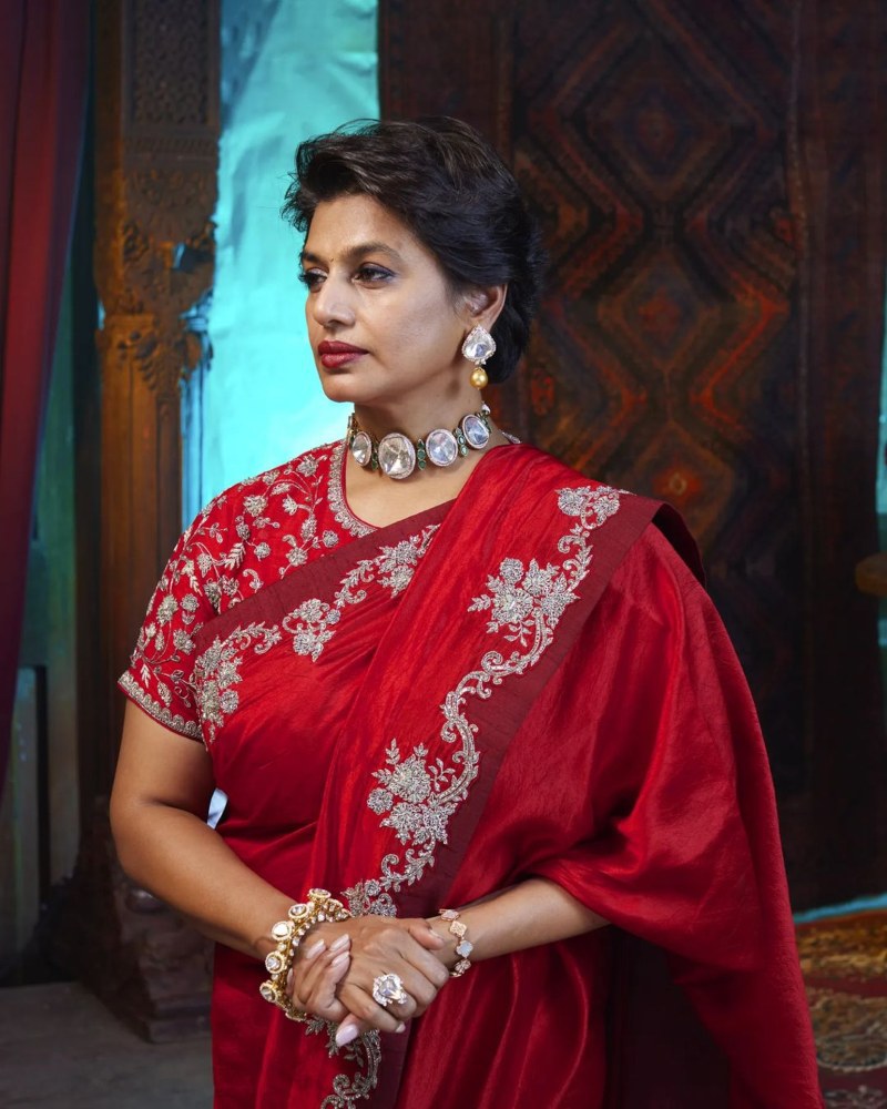 Pinky Reddy in a red saree by Jayanti Reddy