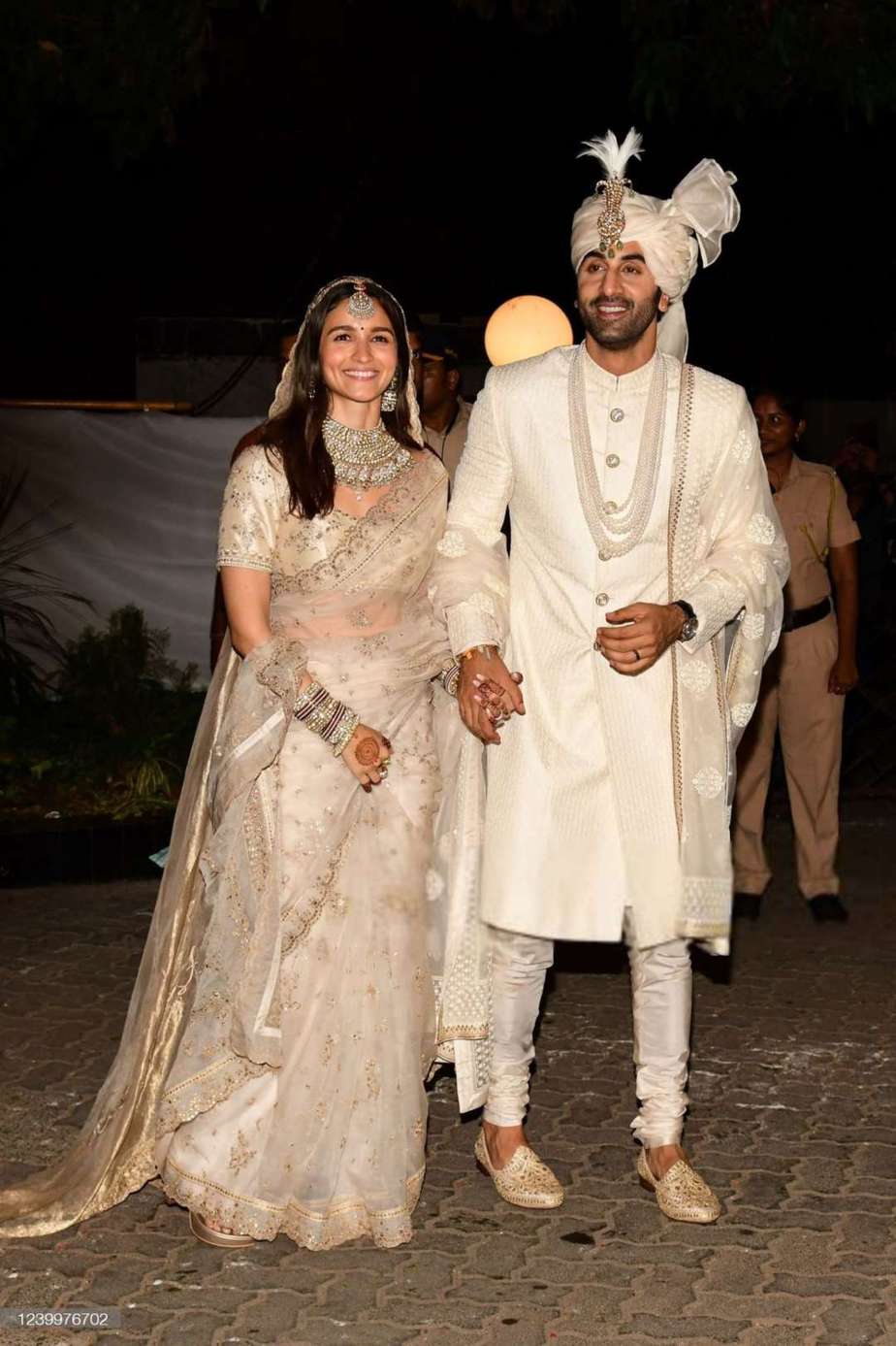 Alia Bhatt & Ranbir Kapoor twin in ivory at their wedding ceremony in  beautiful Sabyasachi outfits