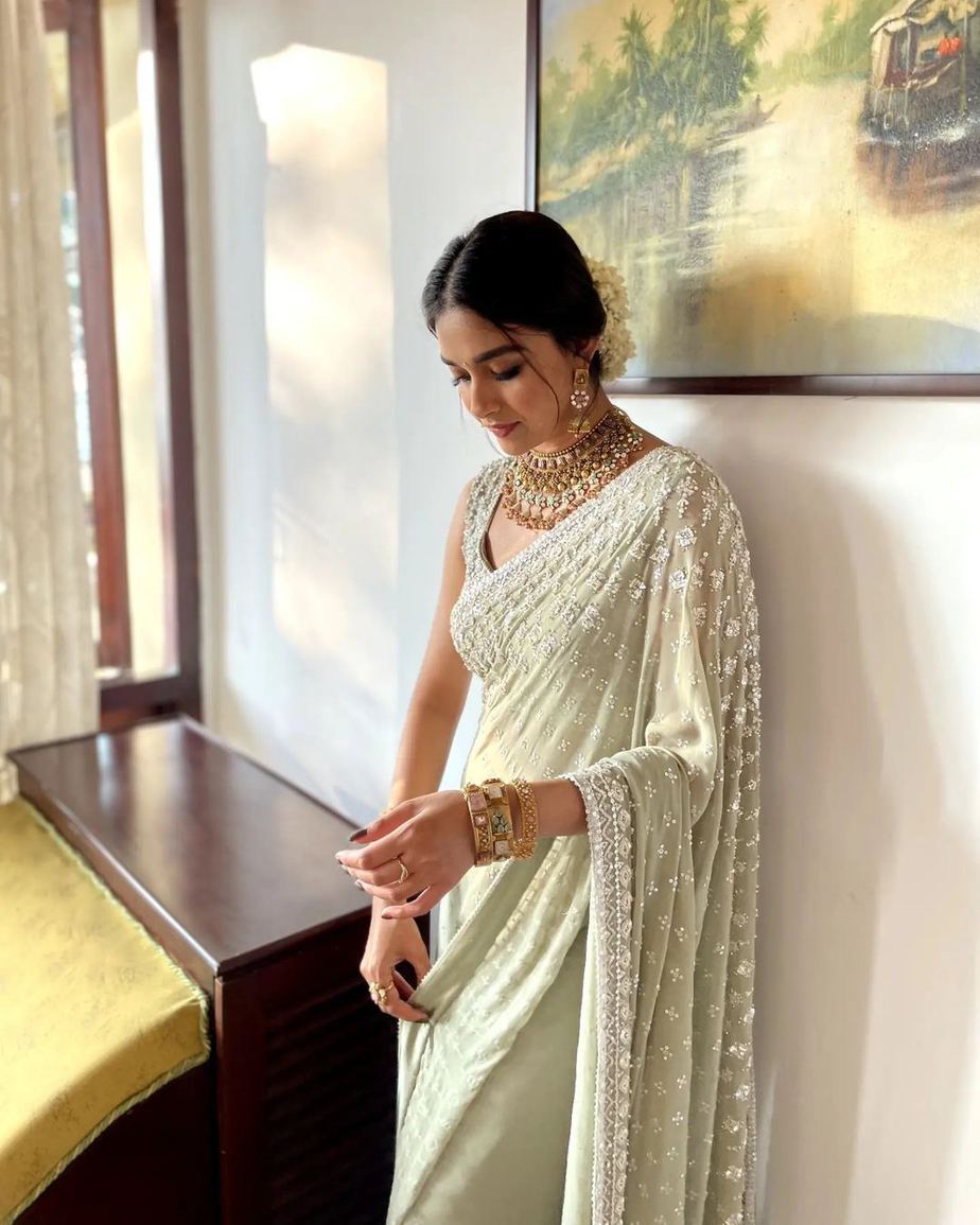Keerthy Suresh celebrated Tamil New Year wearing an embroidered saree