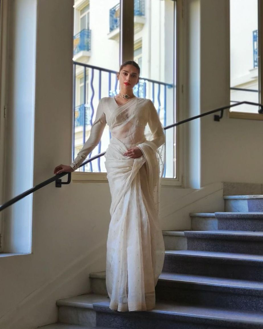 aditi rao hydari in white saree by sabyasachi for cannes