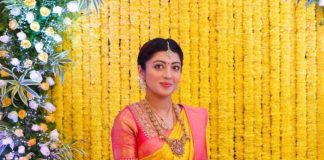 pranitha subash in a yellow silk saree for her seemantha1