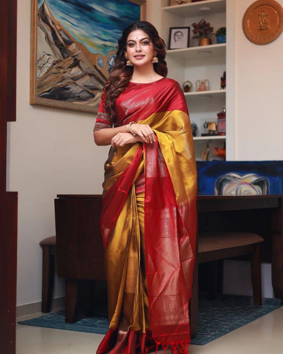 anusree nair in yellow silk saree by iha designs-