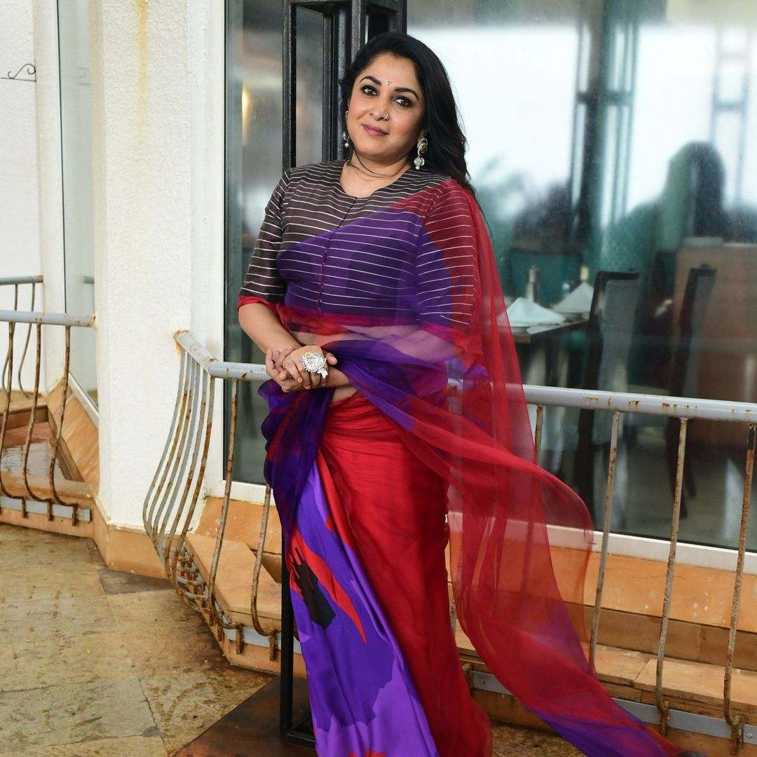 Ramya Krishnan promotes "Liger" in a colour-block saree and silk blouse!