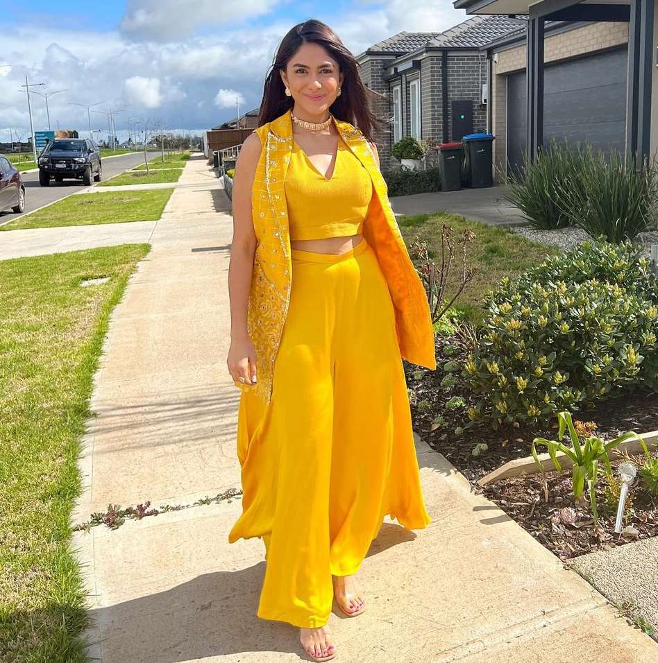 Yellow Color Embroidered Sequins Work Ruffle Gown