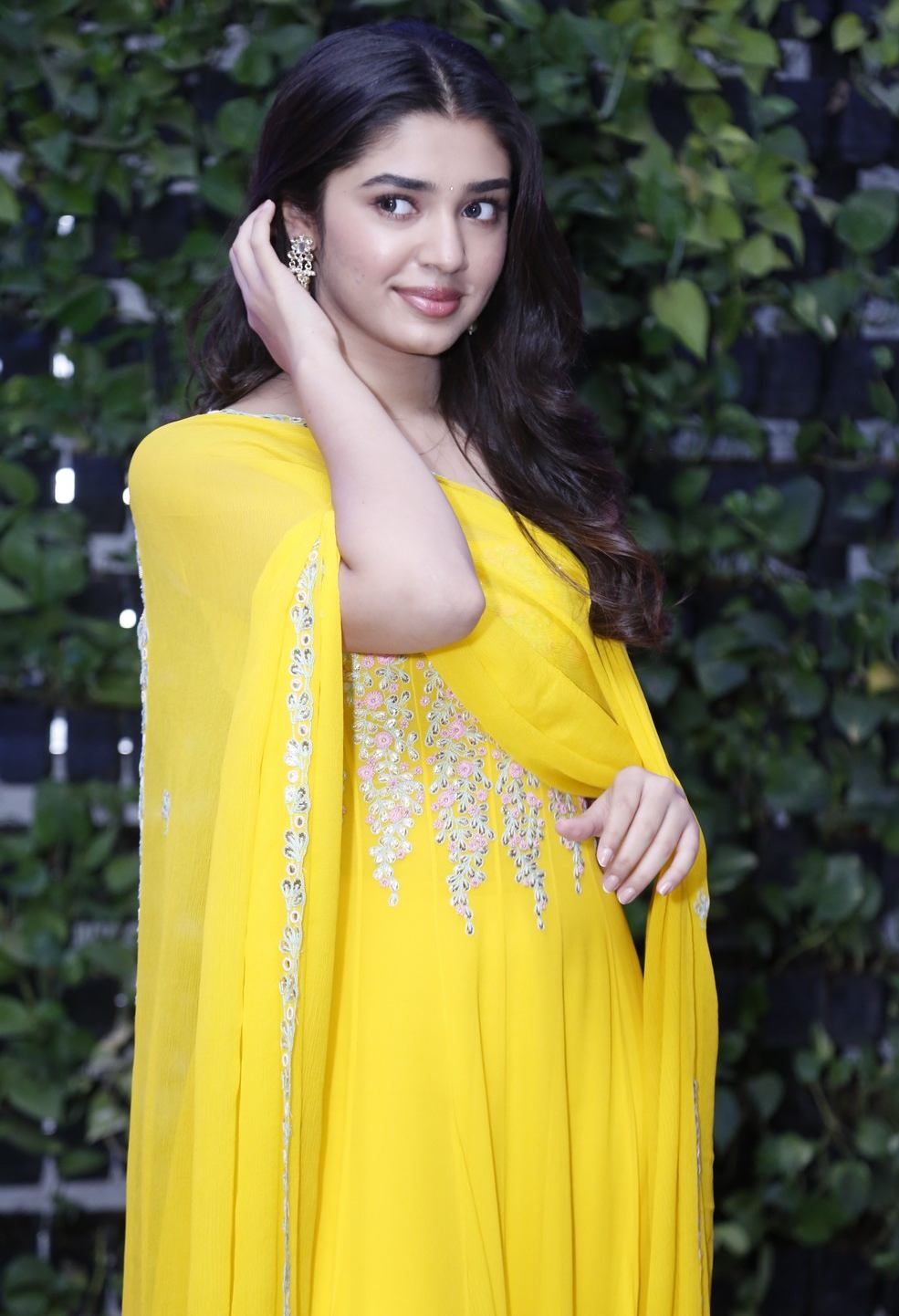 krithi shetty in a yellow anarkali for aagmc thanks meet2 krithi shetty in a yellow anarkali for aagmc thanks meet2