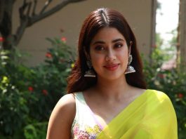 janhvi kapoor in green monika nidhii saree for mili promotions