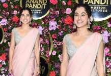 tapsee pannu pink dhoti saree at diwali party