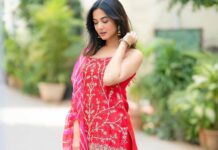 Sonal chauhan in red sharara set from pink city by sarika2