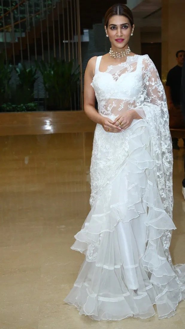 Cream Frill Saree With Green Printed Blouse – Chhavvi Aggarwal