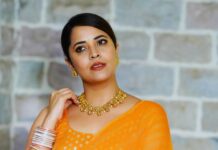 anasuya bharadwaj in an orange lehenga by gauri naidu for an event2